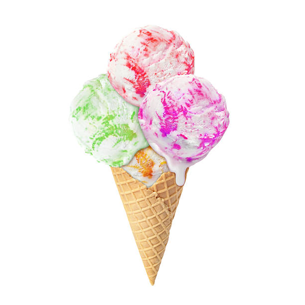 istock Ice cream scoops in waffle cone on white background. Strawberry, raspberry, mango and kiwi flavors 2213900605