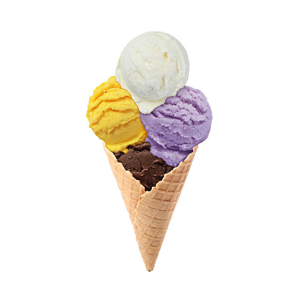 istock Ice cream scoops in waffle cone on white background. Chocolate, vanilla, mango and blueberry flavors 2213900609