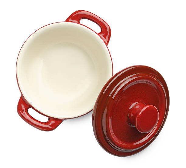 istock Ceramic casserole and lid isolated on white, top view. Cooking utensil 2213903046