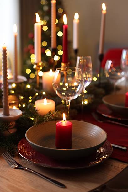 istock Festive table setting in room decorated for Christmas, closeup. Bokeh effect 2213905046