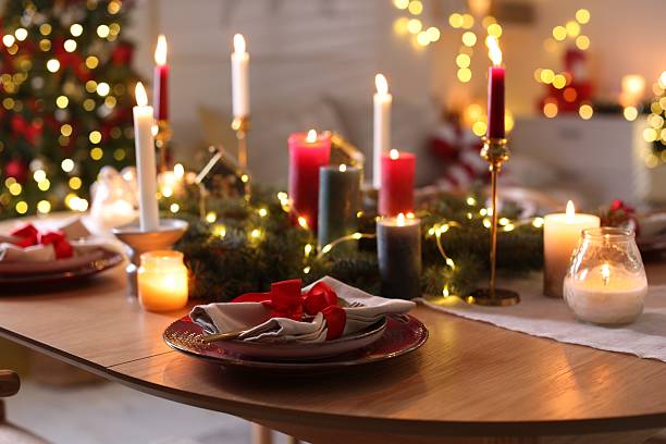 istock Festive table setting in room decorated for Christmas, closeup. Bokeh effect 2213905156