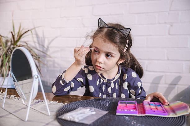 istock Little girl applying toy eyeshadow with serious expression, looking in mirror while playing with pretend makeup at home 2213906332