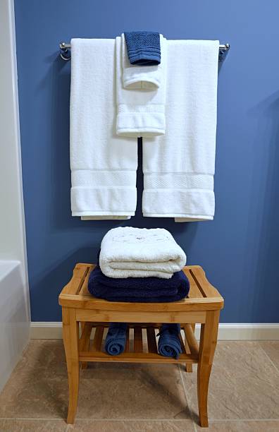 istock Blue and White Bath Towels in Bathroom 2213914326