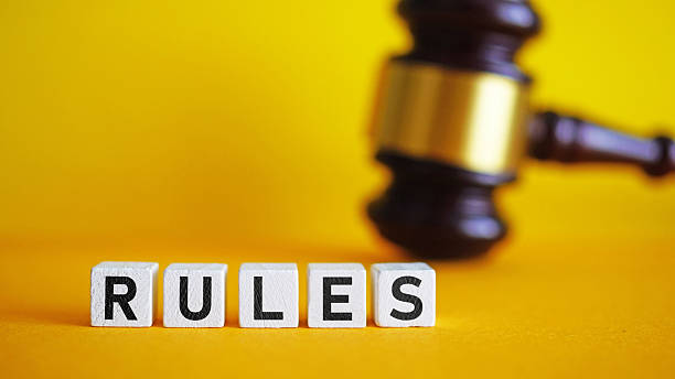 istock Word rules and gavel on table. Legal authority and compliance enforcement. 2213921887