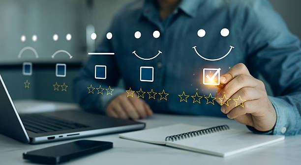 istock Customer evaluation product service quality feedback review.Customer satisfaction survey with 5 star. Service experience rating online in phone application. 2213924724