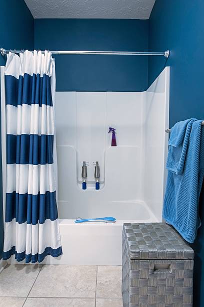 istock Blue and White Modern Bathroom Shower Area 2213927998