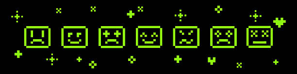 Emoticons line. Abstract Y2k inspired pixel face with different emotions. Various simple characters in pixel art style. Set of vector emoticon. Smile, unhappy, sad face emoji on black background