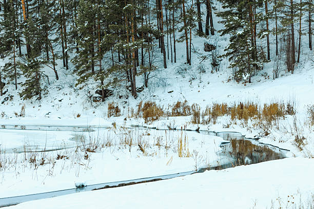istock A snowy landscape with a river running through it 2213931673