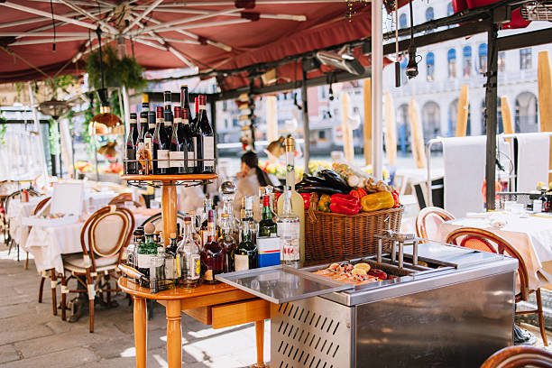 Colorful restaurant terrace in Venice in sunny day