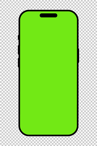 Smartphone frame. Mobile phone with green screen mockup. Gadget symbol. Device front view icon. Sign for website design, ui, mobile apps. Blank smart phone screen frame template on checkered backdrop.