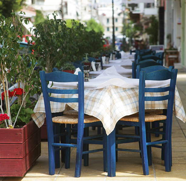 istock Blue chairs on a greek cafe on Zakinthos 2213952927