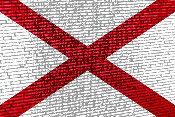 Digital concept with the flag of Alabama on a tech background. Alabama in the context of cybersecurity, programming, and digital sovereignty. Symbolic image of site development in Alabama.