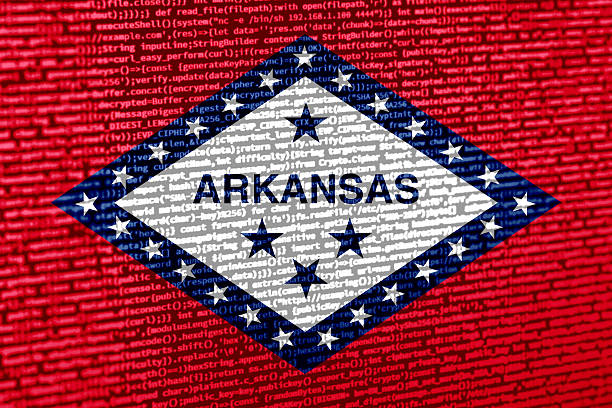 Digital concept with the flag of Arkansas on a tech background. Arkansas in the context of cybersecurity, programming, and digital sovereignty. Symbolic image of site development in Arkansas.