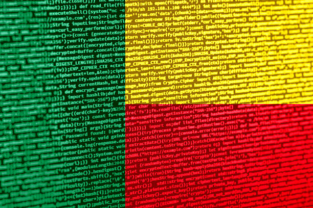 Digital concept with the flag of Benin on a tech background. Benin in the context of cybersecurity, programming, and digital sovereignty. Symbolic image of site development in Benin.