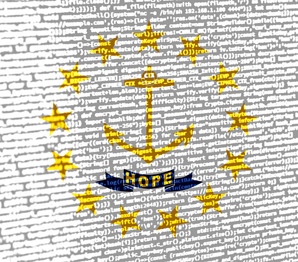 Digital concept with the flag of Rhode Island on a tech background. Rhode Island in the context of cybersecurity, programming, and digital sovereignty. Symbolic image of site development in Rhode Isl
