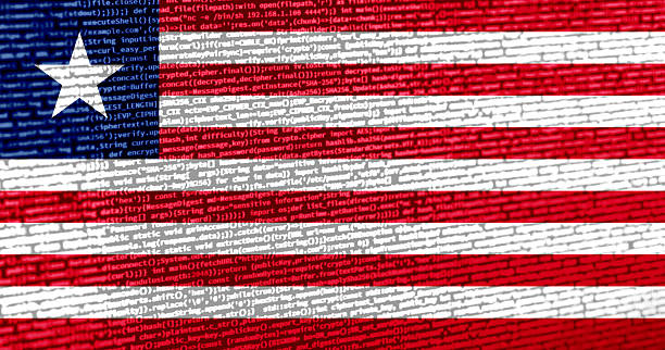 istock Flag of Liberia over digital code. Concept of cybersecurity, innovation, and digital infrastructure in Liberia. Modern tech development trends in Liberia. Programming, digital sovereignty and site de 2213953732