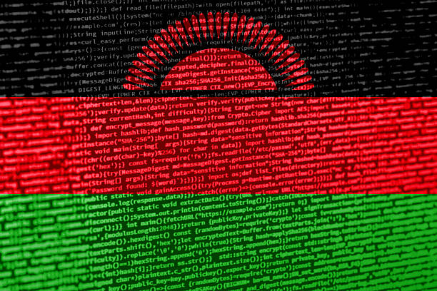 Digital concept with the flag of Malawi on a tech background. Malawi in the context of cybersecurity, programming, and digital sovereignty. Symbolic image of site development in Malawi.