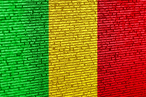 Digital concept with the flag of Mali on a tech background. Mali in the context of cybersecurity, programming, and digital sovereignty. Symbolic image of site development in Mali.