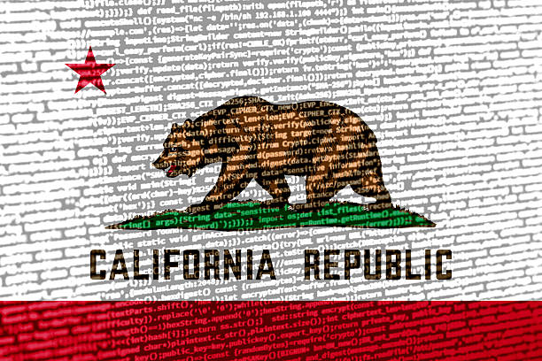 Digital concept with the flag of California on a tech background. California in the context of cybersecurity, programming, and digital sovereignty. Symbolic image of site development in California.