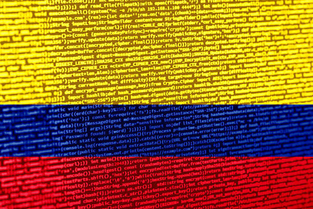 Digital concept with the flag of Colombia on a tech background. Colombia in the context of cybersecurity, programming, and digital sovereignty. Symbolic image of site development in Colombia.