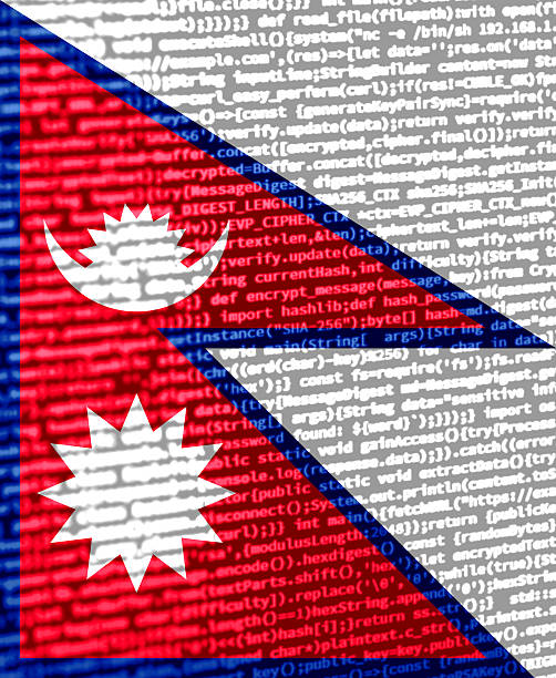 Digital concept with the flag of Nepal on a tech background. Nepal in the context of cybersecurity, programming, and digital sovereignty. Symbolic image of site development in Nepal.