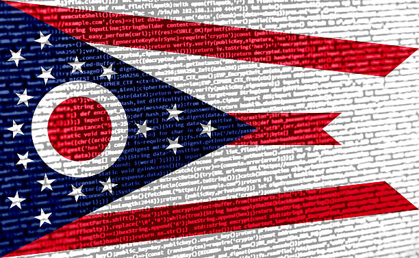 The official flag of Ohio featuring a unique swallowtail design with a red, white, and blue color scheme. The flag includes a large red circle surrounded by white, a blue triangle with stars, and red and white stripes.
