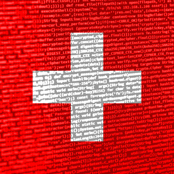 Digital concept with the flag of Switzerland on a tech background. Switzerland in the context of cybersecurity, programming, and digital sovereignty. Symbolic image of site development in Switzerland