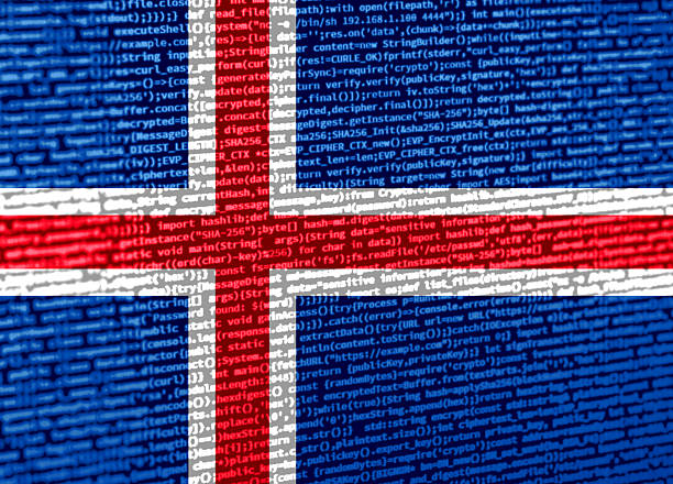 Digital concept with the flag of Iceland on a tech background. Iceland in the context of cybersecurity, programming, and digital sovereignty. Symbolic image of site development in Iceland.