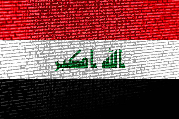 Digital concept with the flag of Iraq on a tech background. Iraq in the context of cybersecurity, programming, and digital sovereignty. Symbolic image of site development in Iraq.