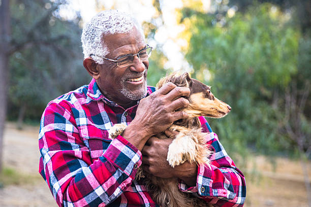 istock Senior black man with his dachshund dog 2213954480