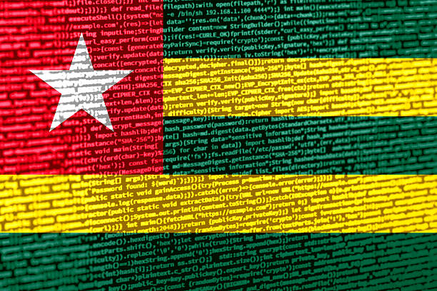 Digital concept with the flag of Togo on a tech background. Togo in the context of cybersecurity, programming, and digital sovereignty. Symbolic image of site development in Togo.