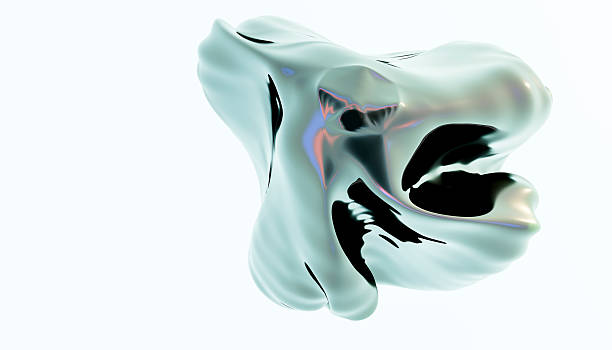 3D rendering of a morphing fluid shape featuring iridescent reflections, gracefully floating against a clean white background
