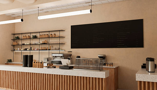 istock Modern coffee shop interior with wooden counter and menu board 2213958612