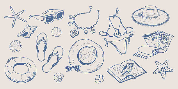 Beach boho accessories. Coastal elements. Vacation drawings. Hand drawn illustration of straw hat, flip flops, sunglasses, shell necklace, swimsuit. Graphic background.