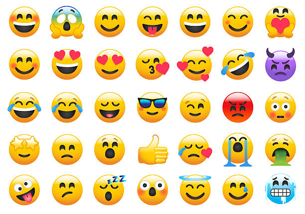 стокові ілюстрації на тему набір милих соціальних мереж emoji обличчя посмішка, жартома, плачу, сміх, поцілунки, кохання, очі у формі серця, турбота, підморгування, божеві - смайлик