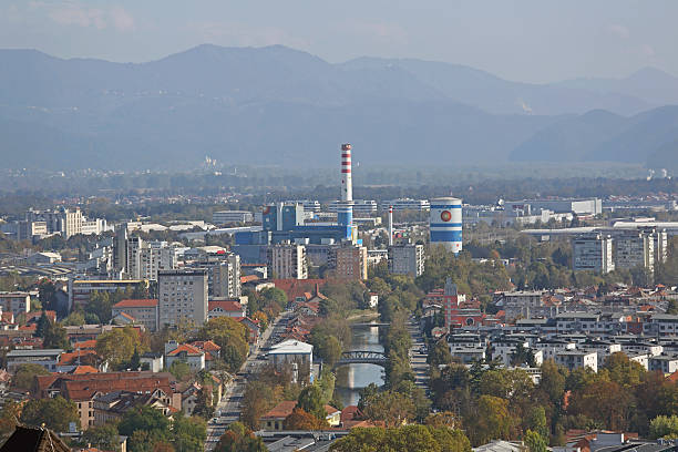 Ljubljana, Slovenia - October 12, 2014: Aerial View of Electric Power Plant Station in Capital City at Autumn Day.
