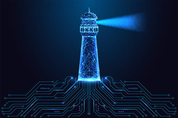 istock Digital guidance and smart navigation concept with glowing lighthouse and circuit board, vector 2213963648