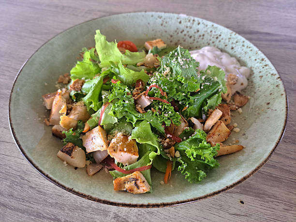 Delicious Chicken Garlic Salad With Fresh Vegetables In Secret Garlic Sauce Serve With Chicken Grill And Garlic Bread. Food Menu.
