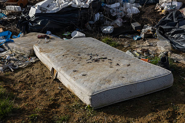 istock Mattresses clutter a trash-filled space, highlighting urban neglect and waste issues in an environment affected by litter 2213968168