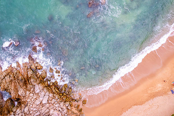Aerial Top view beach background,Amazing beach with waves crashing on sandy shore,Top view nature sea sand background