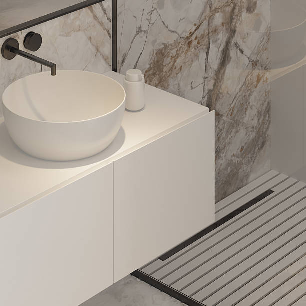 istock Modern White Bathroom with Marble Tiles and Indoor Plants 2213976122