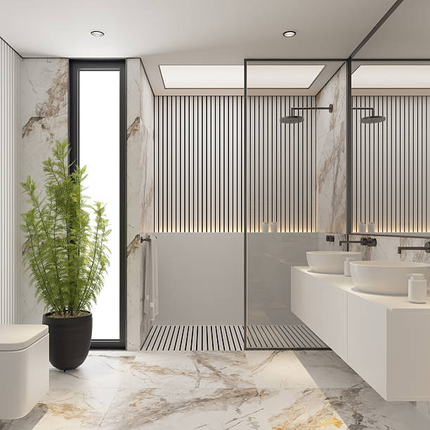 istock Modern White Bathroom with Marble Tiles and Indoor Plants 2213976123
