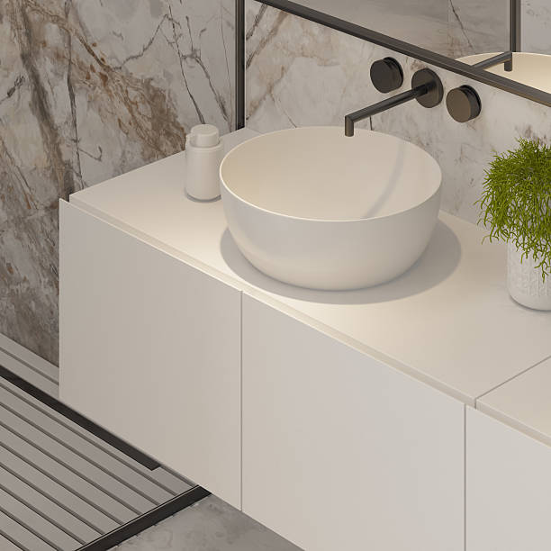 istock Modern White Bathroom with Marble Tiles and Indoor Plants 2213976128