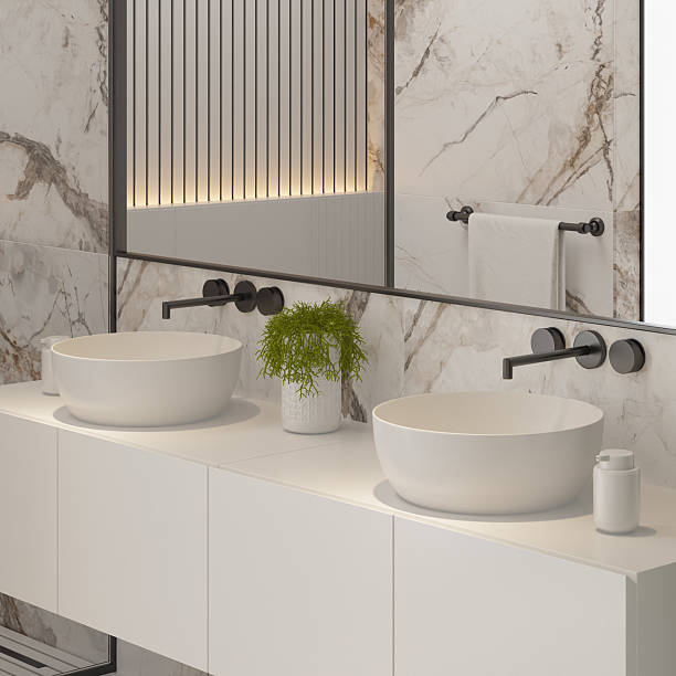 istock Modern White Bathroom with Marble Tiles and Indoor Plants 2213976130