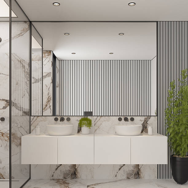 istock Modern White Bathroom with Marble Tiles and Indoor Plants 2213976133