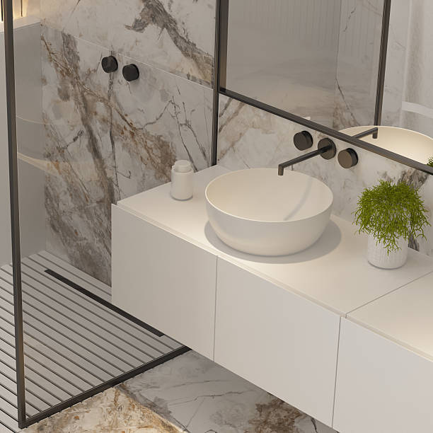 istock Modern White Bathroom with Marble Tiles and Indoor Plants 2213976157