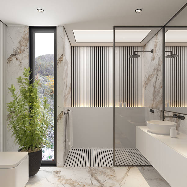 istock Modern White Bathroom with Marble Tiles and Indoor Plants 2213976172