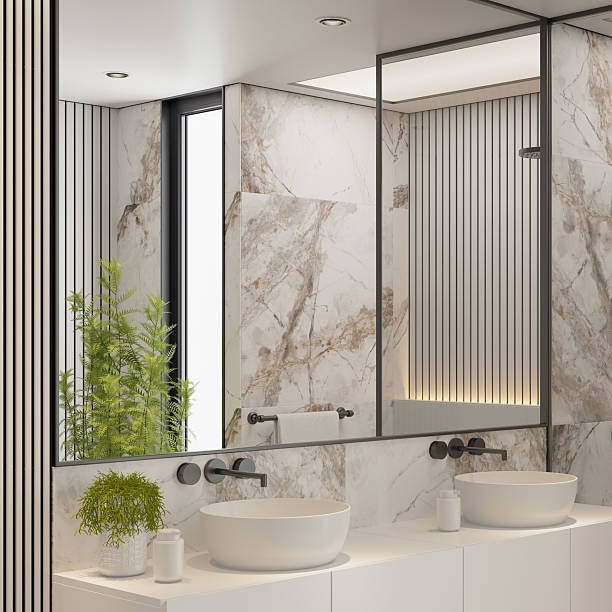 istock Modern White Bathroom with Marble Tiles and Indoor Plants 2213976174