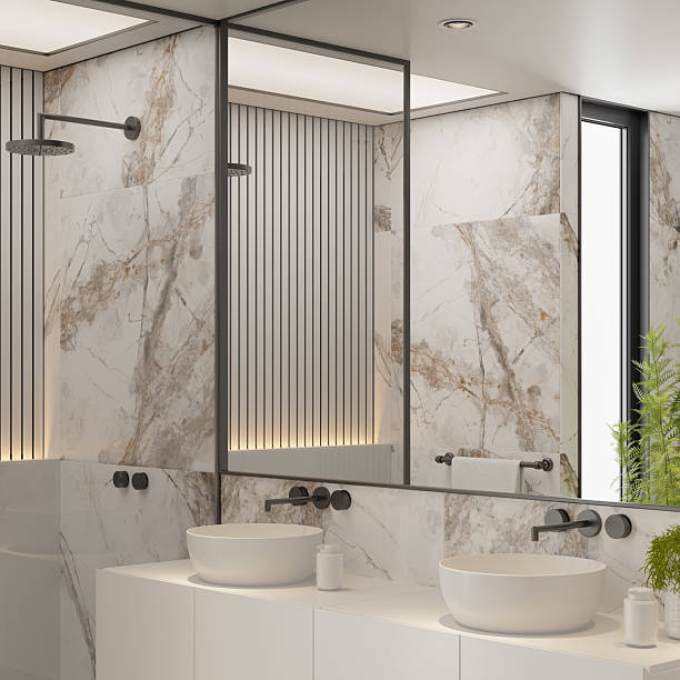 istock Modern White Bathroom with Marble Tiles and Indoor Plants 2213976200