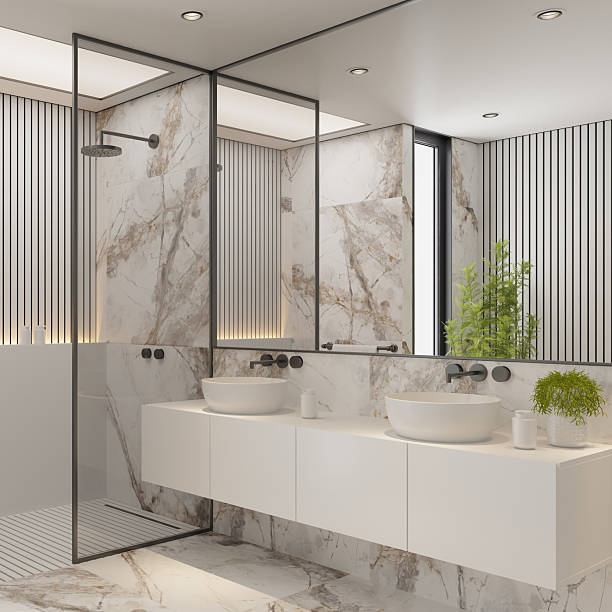 istock Modern White Bathroom with Marble Tiles and Indoor Plants 2213976202